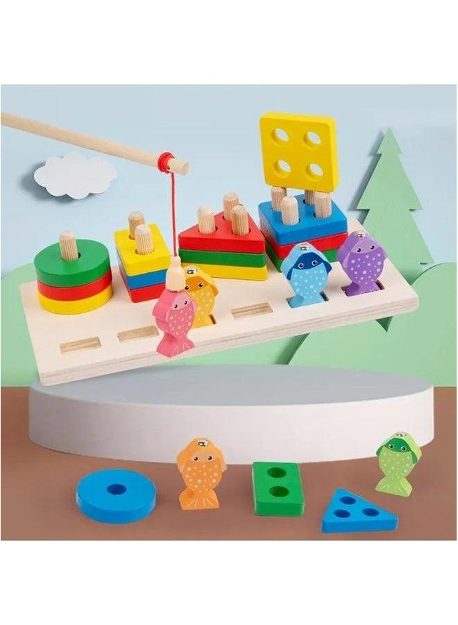 Wooden 2-in-1 3D Fishing Set Children's Cognitive Skills Enhancement Hand-eye Coordination Educational Toys For Kids-Color:Wooden Two-in-one Column-three Columns  - Image 3