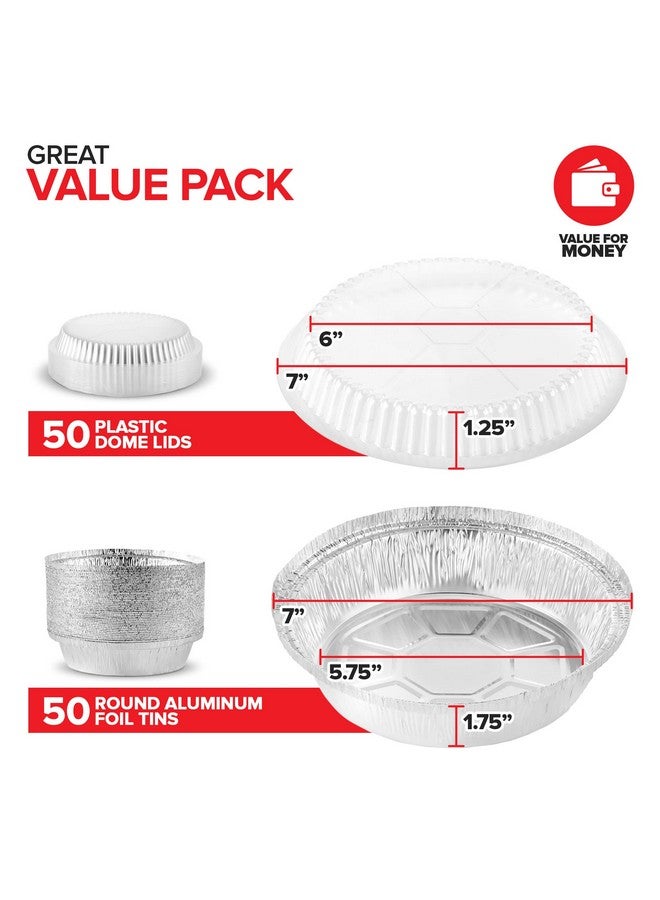 Stock Your Home Stock Your Home 7 Inch Round Aluminum Pans with Lids (50 Pack) Disposable Foil Pan with Clear Dome Top, To Go Pie Tins, Containers for Baking or Take out Food - Image 2