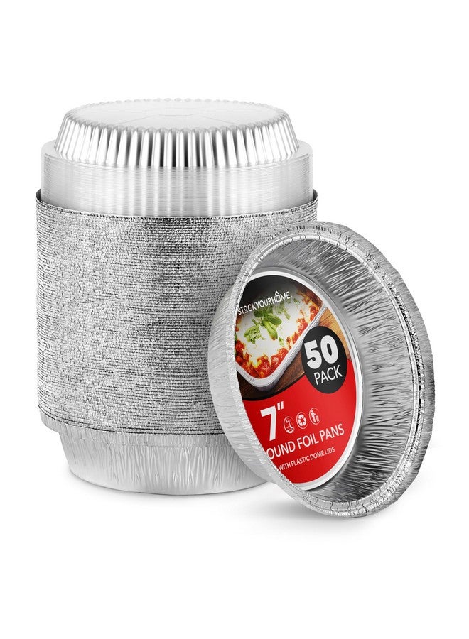 Stock Your Home Stock Your Home 7 Inch Round Aluminum Pans with Lids (50 Pack) Disposable Foil Pan with Clear Dome Top, To Go Pie Tins, Containers for Baking or Take out Food - Image 1