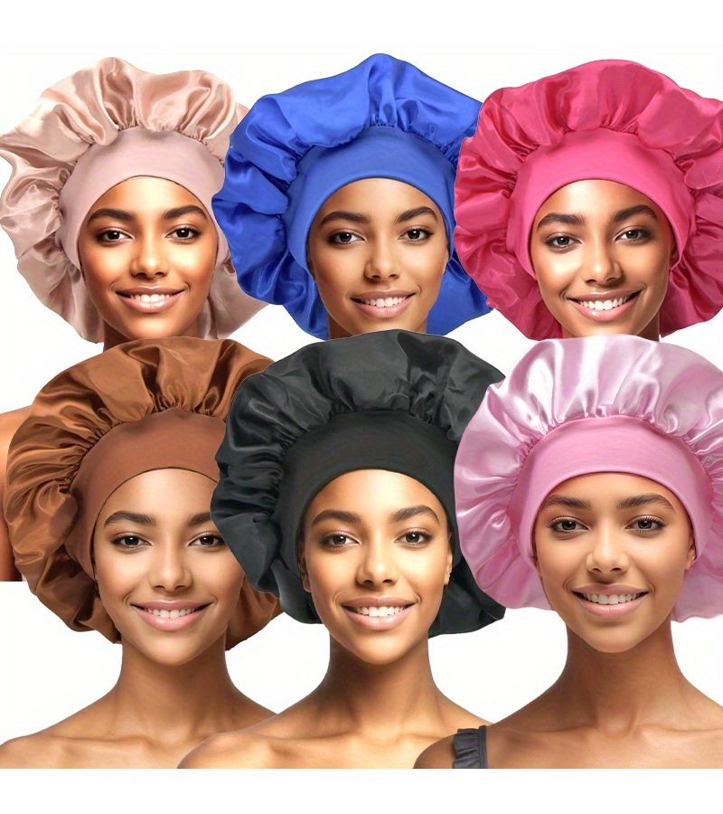 6 Pack Women Satin Bonnet With Elastic Wide Brim For Sleep Hair Protection Night Breathable For Bed Travel Daily Wear Suitable For Braids Twists 6 Colors Black Burgundy Navy White Brown Green - Image 2