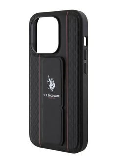 U.S.Polo iPhone 15 Pro Case PU Leather Textured Pattern Grip Stand - Black  - Image 1