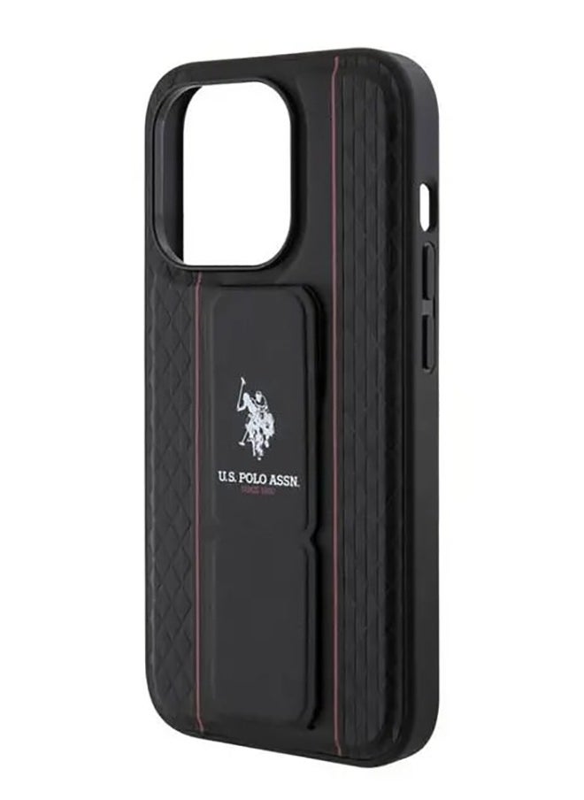 U.S.Polo - iPhone 15 Pro Case PU Leather Textured Pattern Grip Stand - Black - Image 1