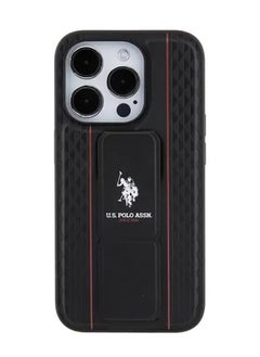 U.S.Polo iPhone 15 Pro Case PU Leather Textured Pattern Grip Stand - Black  - Image 4