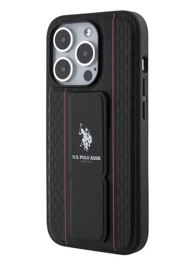 U.S.Polo - iPhone 15 Pro Case PU Leather Textured Pattern Grip Stand - Black - Image 1