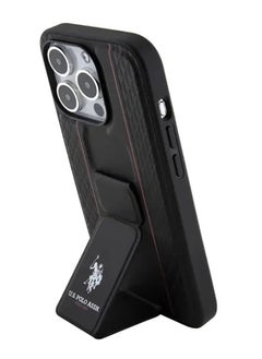 U.S.Polo iPhone 15 Pro Case PU Leather Textured Pattern Grip Stand - Black  - Image 2