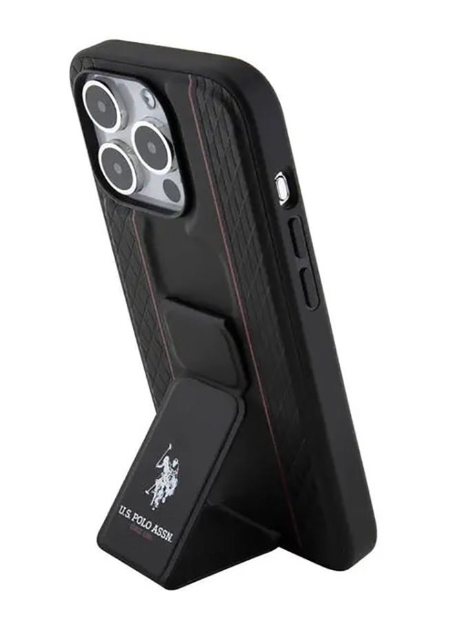 U.S.Polo - iPhone 15 Pro Case PU Leather Textured Pattern Grip Stand - Black - Image 1