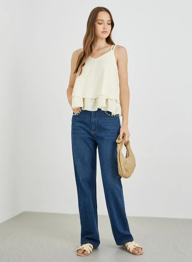 Take Two Solid Double Strap V-Neck Blouse
