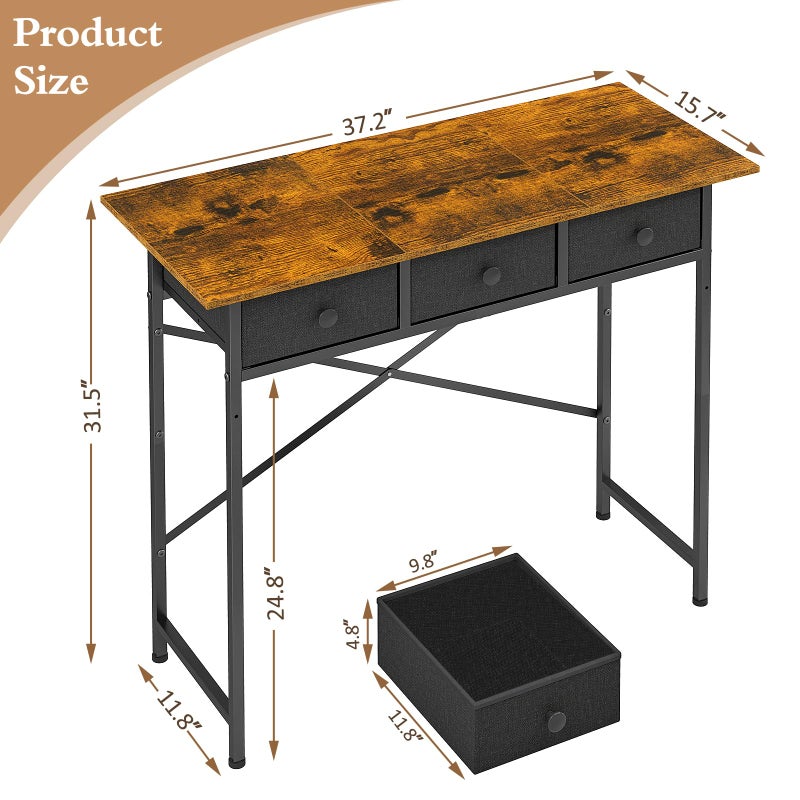 DAOUTIME Small Writing Desk with 3 Drawers for Bedroom, 37.2 Inch Computer Desk for Small Spaces, Simple Desk with Drawers for Kids Bedroom, Home Office, Dorm, Living Room, Home Study Table, Rustic Brown - Image 2