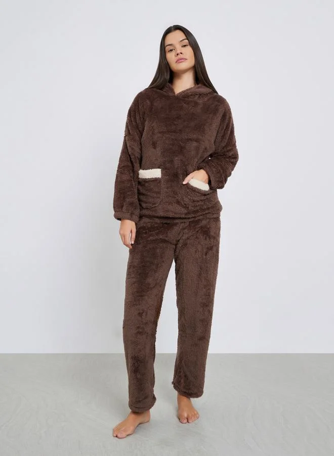 Styli Bear Ears Hooded Contrast Pocket Top and Pyjama Set