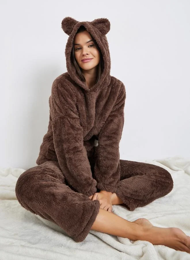 Styli Bear Ears Hooded Contrast Pocket Top and Pyjama Set