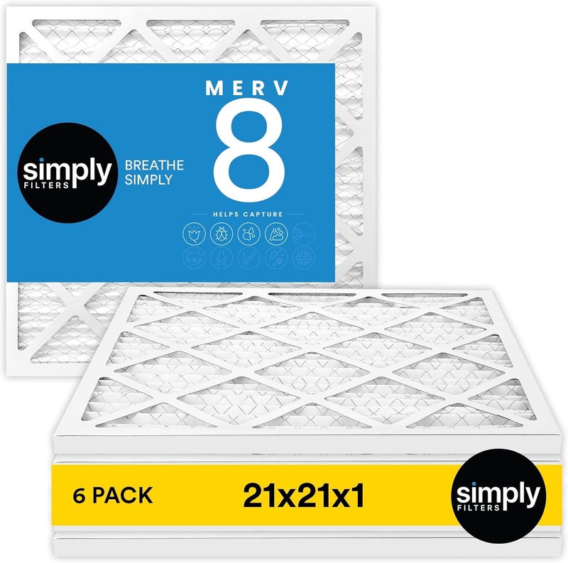 SIMPLY 21x21x1 Air Filter, Merv 8, 6 Pack, For Home AC Furnace & HVAC (Actual Size: 20.75"x20.75"x0.75") DUST, Pet, & Allergy Control - Image 1