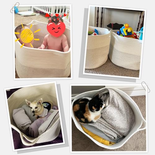 INDRESSME XXXLarge Cotton Rope Basket 21.7" x 21.7" x 13.8" Woven Baby Laundry Basket for Blankets Toys Storage Baskets with Handle Comforter Cushions Storage Bins Thread Laundry Hamper-Black Stitch - Image 4