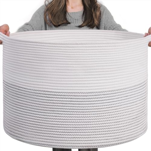 INDRESSME XXXLarge Cotton Rope Basket 21.7" x 21.7" x 13.8" Woven Baby Laundry Basket for Blankets Toys Storage Baskets with Handle Comforter Cushions Storage Bins Thread Laundry Hamper-Black Stitch - Image 1