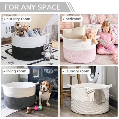 INDRESSME XXXLarge Cotton Rope Basket 21.7" x 21.7" x 13.8" Woven Baby Laundry Basket for Blankets Toys Storage Baskets with Handle Comforter Cushions Storage Bins Thread Laundry Hamper-Black Stitch - Image 3