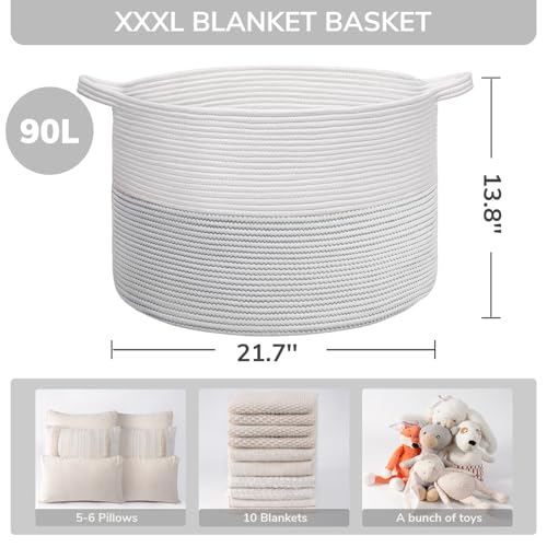 INDRESSME XXXLarge Cotton Rope Basket 21.7" x 21.7" x 13.8" Woven Baby Laundry Basket for Blankets Toys Storage Baskets with Handle Comforter Cushions Storage Bins Thread Laundry Hamper-Black Stitch - Image 5