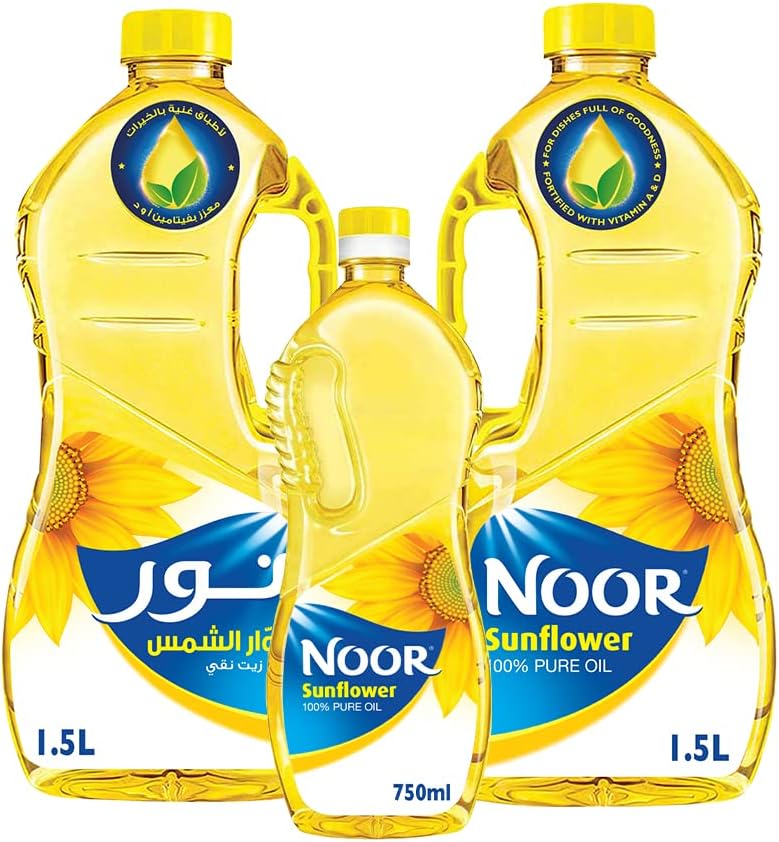 Noor Sunflower Oil, 2 x 1.5 Liters + 750 ml - 100% Pure Oil - Image 1