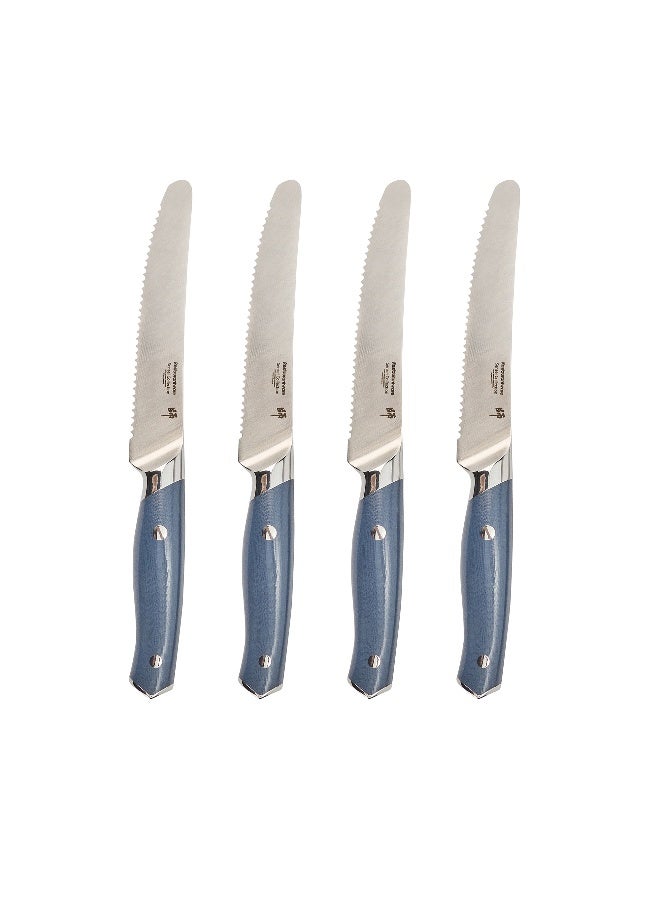 Restaurantware Sensei 5.5 Inch Steak Knives, 4 Sharp Steak Knife Set - No Stain, Weighted, Blue German Steel Serrated Knives, Ergonomic Handle, For Meats Or Entrees  - Image 1