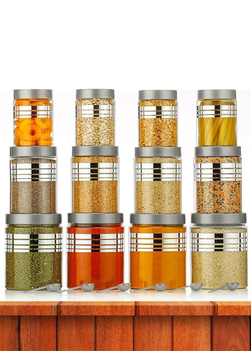 SPECIFY Plastic Pet Storage Jar and Container Set of 12 (4 x 350ml, 4 x 650ml, 4 x 1200ml) With Spoons, Air Tight Kitchen Organiser, Improved Model Silver Line Printed - Image 3