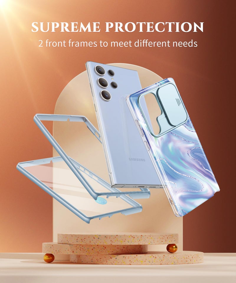 GVIEWIN for Samsung Galaxy S23 Ultra Case with Slide Camera Cover, [Built-in Screen Protector] [2 Front Frames] Military Grade Shockproof, Marble Protective Phone Case 6.8", Aurora/Azure Blue - Image 5