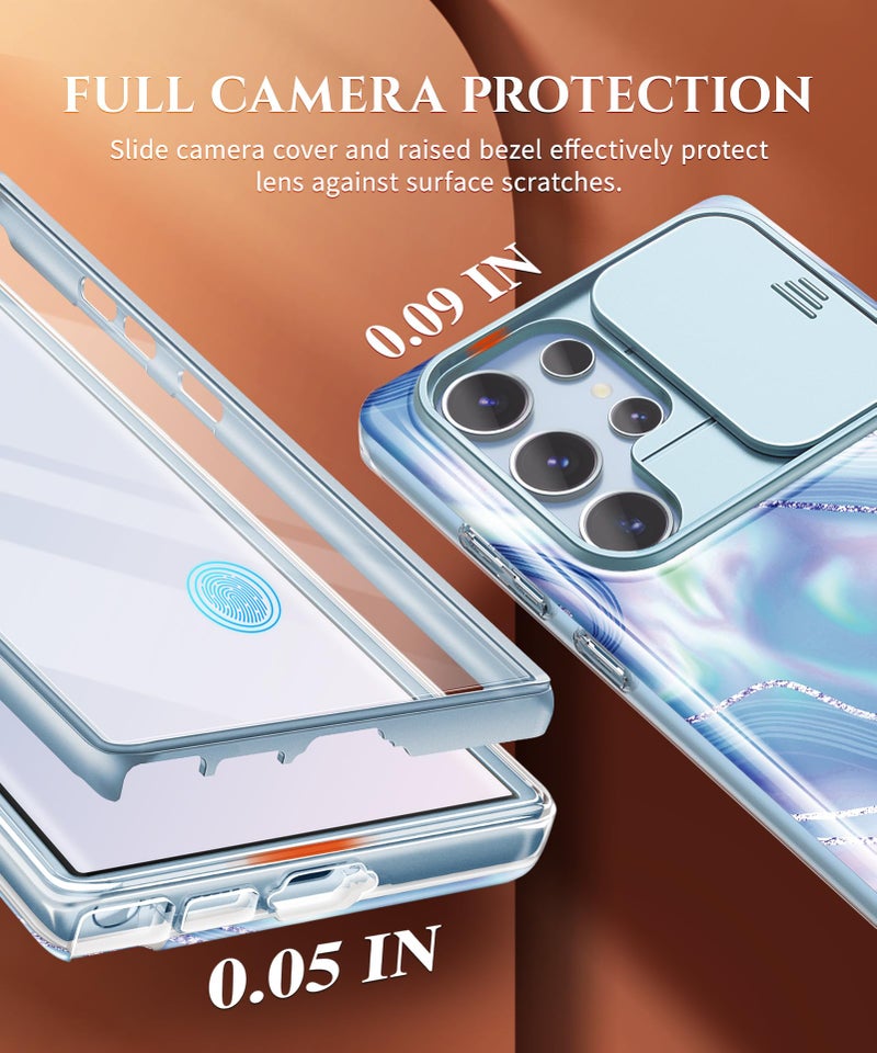 GVIEWIN for Samsung Galaxy S23 Ultra Case with Slide Camera Cover, [Built-in Screen Protector] [2 Front Frames] Military Grade Shockproof, Marble Protective Phone Case 6.8", Aurora/Azure Blue - Image 3