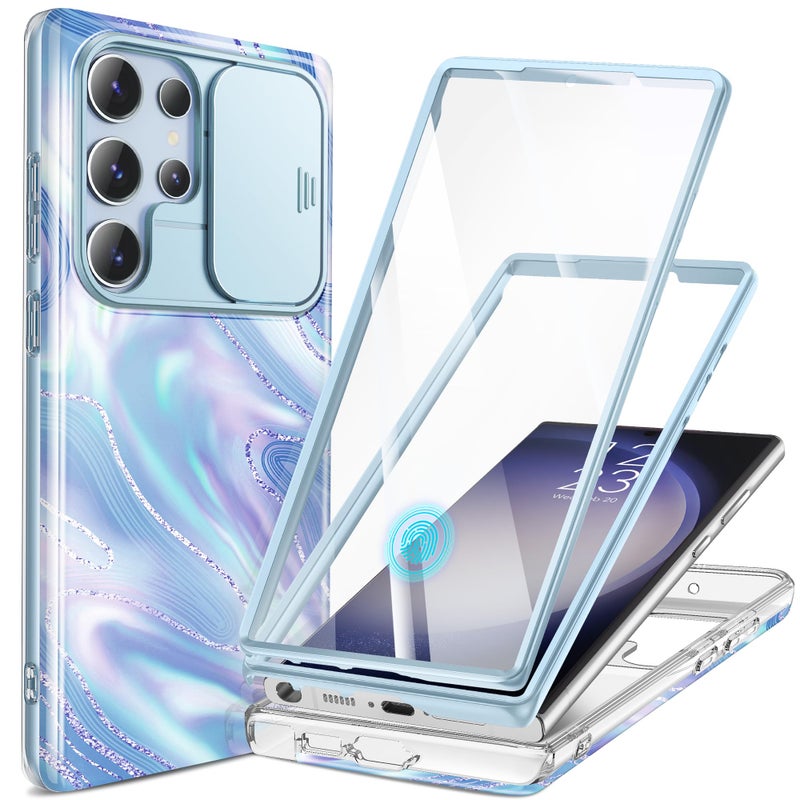 GVIEWIN for Samsung Galaxy S23 Ultra Case with Slide Camera Cover, [Built-in Screen Protector] [2 Front Frames] Military Grade Shockproof, Marble Protective Phone Case 6.8", Aurora/Azure Blue - Image 1