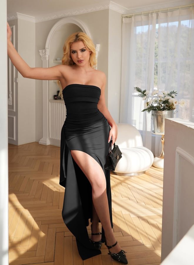 YMDUCH Women's Elegant Strapless Bodycon Ruched Ruffle High Split Long Formal Evening Dress, Black, L - Image 3