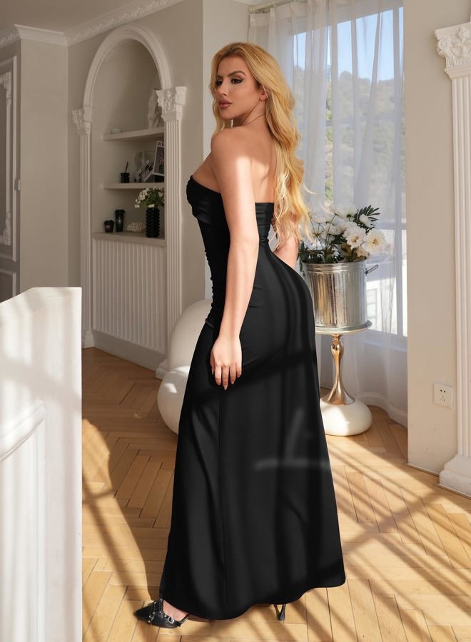 YMDUCH Women's Elegant Strapless Bodycon Ruched Ruffle High Split Long Formal Evening Dress, Black, L - Image 2