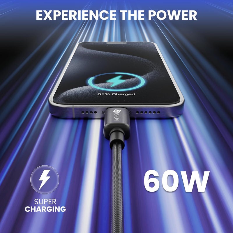 اكساستون كابل شحن سريع من USB-C إلى USB-C بقدرة 60 واط، طول 1.2 متر، مضفر من النايلون من نوع C مزود بشريحة ذكية آمنة، كابل طاقة 3 أمبير مع نقل بيانات لأجهزة الكمبيوتر المحمول والهواتف المحمولة والأجهزة اللوحية - Image 2