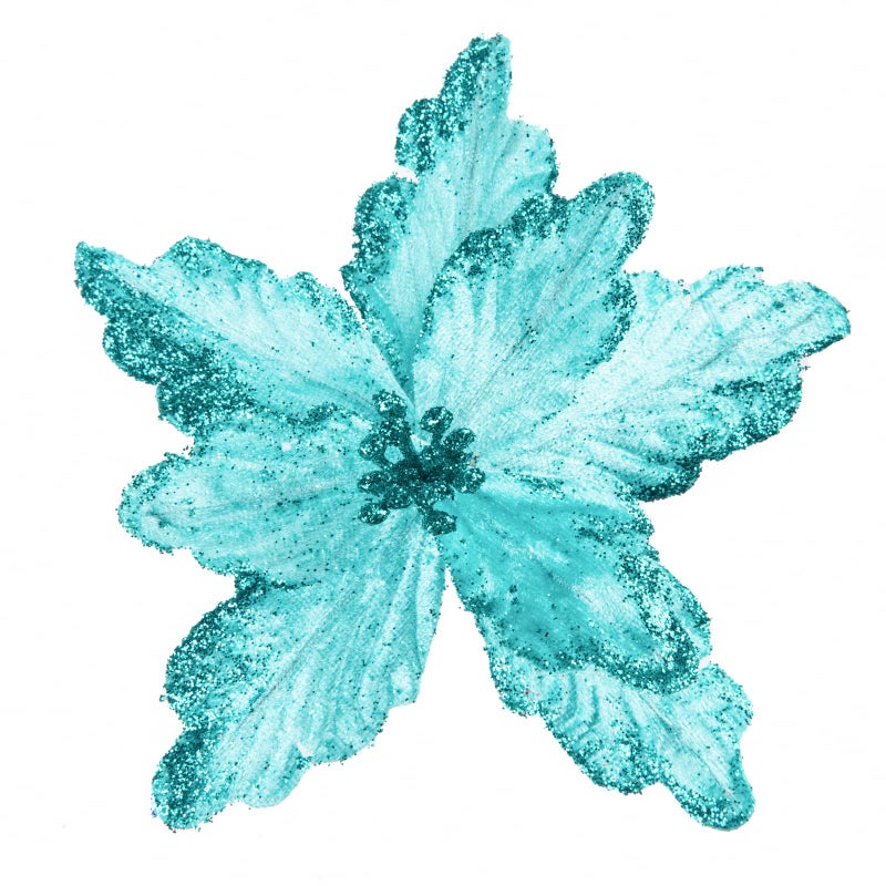 DuHouse DuHouse 7Pcs Poinsettia Flowers Picks Artificial Glitter Poinsettia Flowers with Stems Christmas Tree Ornaments with Stems for Home Kitchen Decorations (Teal Blue) - Image 1