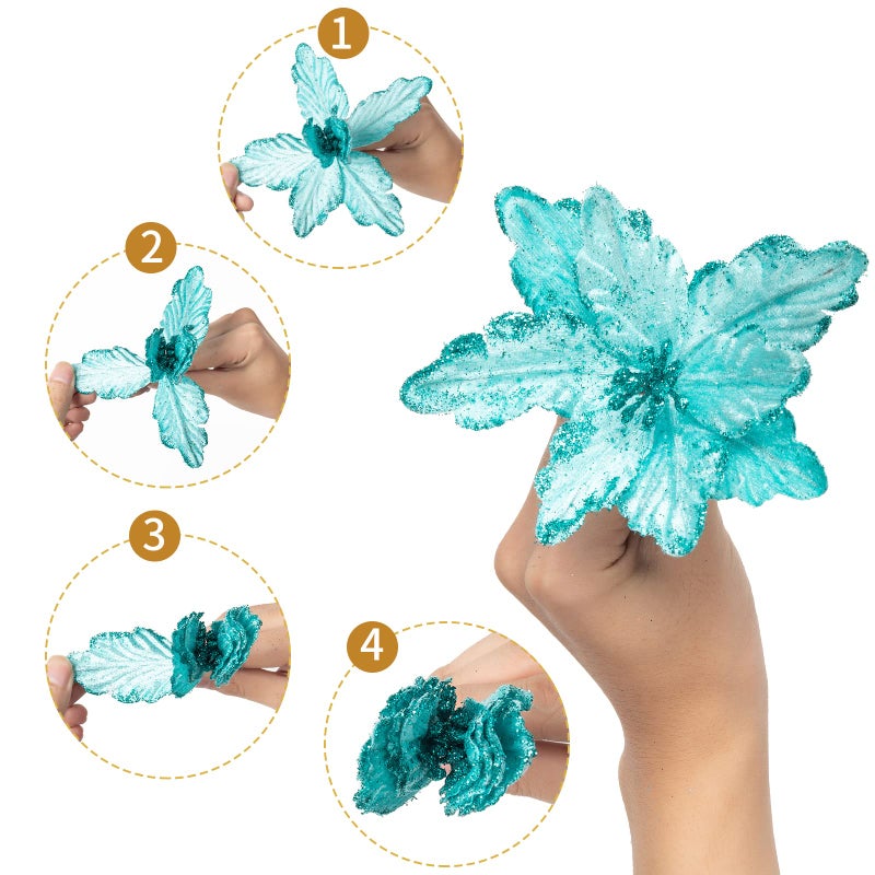 DuHouse DuHouse 7Pcs Poinsettia Flowers Picks Artificial Glitter Poinsettia Flowers with Stems Christmas Tree Ornaments with Stems for Home Kitchen Decorations (Teal Blue) - Image 4
