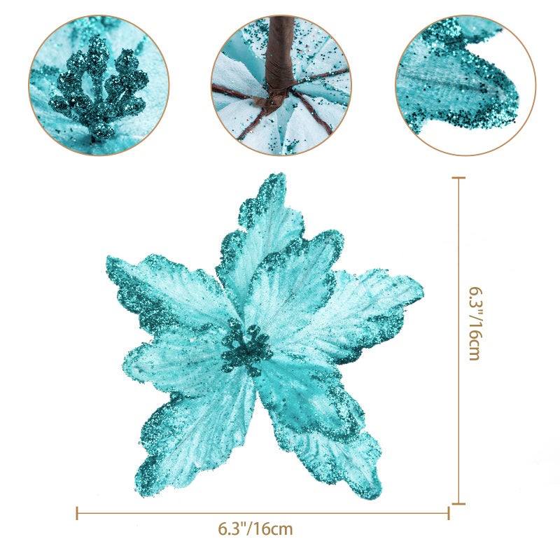 DuHouse DuHouse 7Pcs Poinsettia Flowers Picks Artificial Glitter Poinsettia Flowers with Stems Christmas Tree Ornaments with Stems for Home Kitchen Decorations (Teal Blue) - Image 2