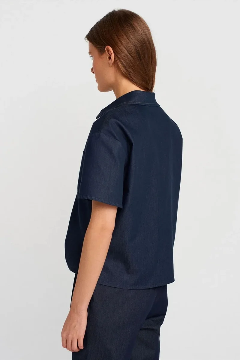 Dilvin Navy Blue DILVIN Linen Blend Short-Sleeve Button Shirt for Women | Best Price UAE