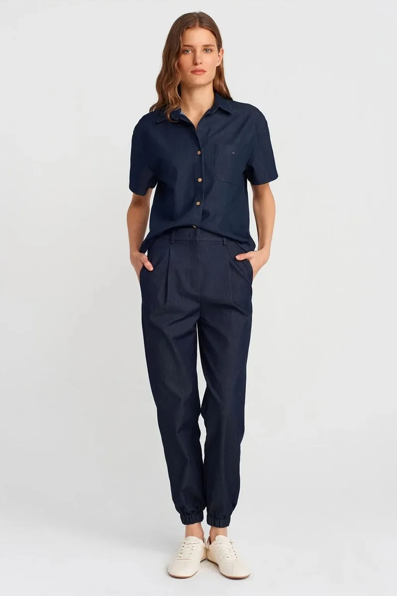 Dilvin Navy Blue DILVIN Linen Blend Short-Sleeve Button Shirt for Women | Best Price UAE