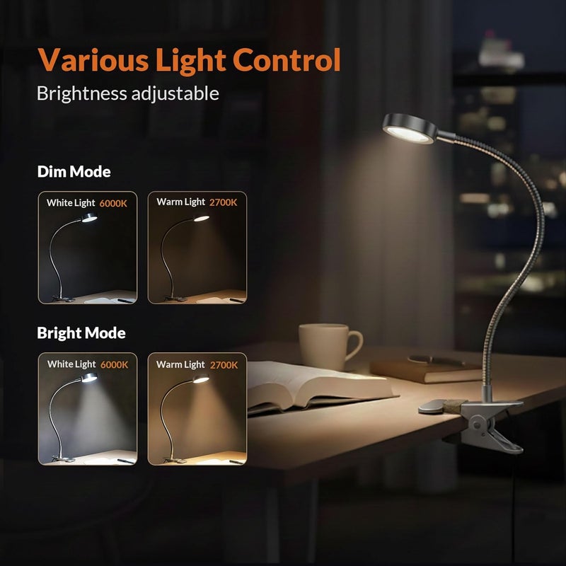 Le Power Clip on Light/Reading Light/Book Lights/Desk Lamp Color Changeable/Night Lights Clip on for Desk, Bed Headboard and Computers, Adapter Included, Silver - Image 2