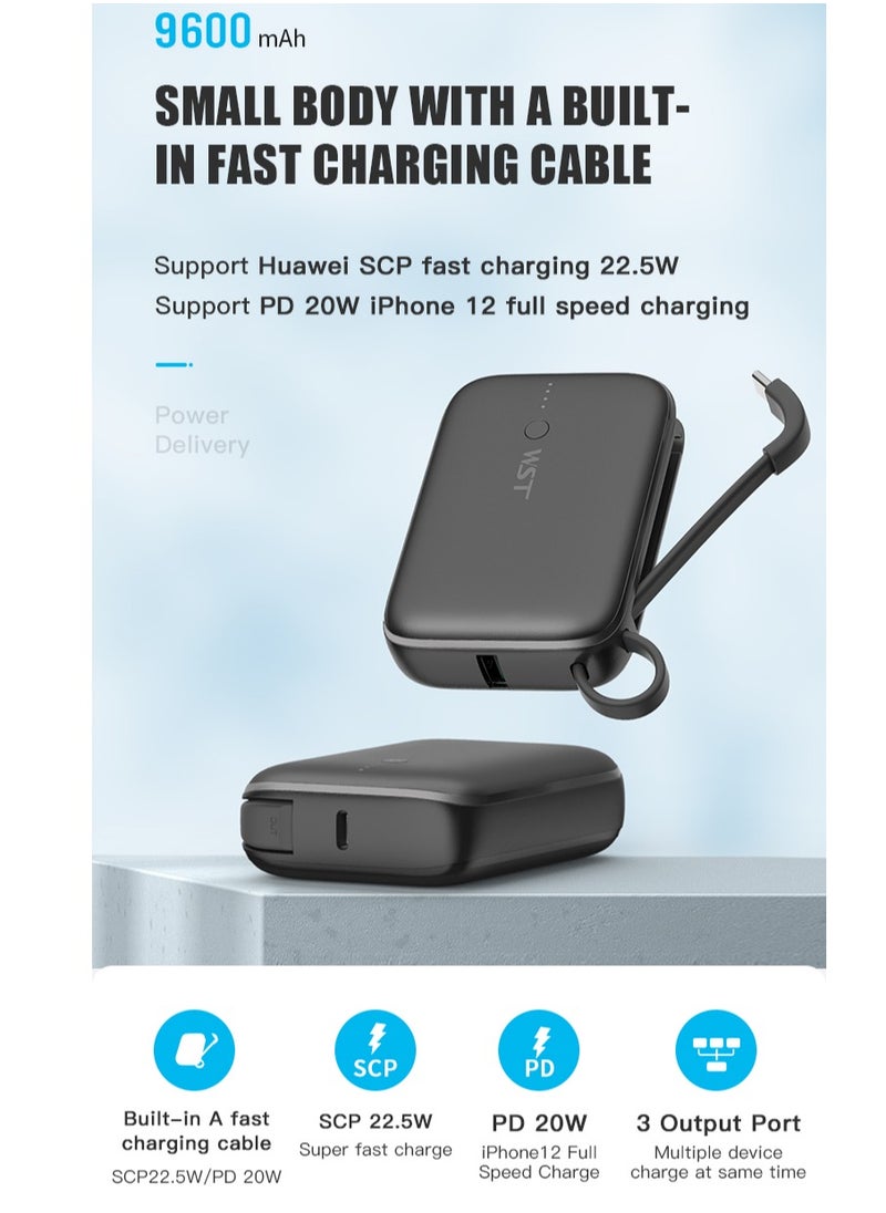 WST - WST Power Bank 9600mAh Fast Charging Type-C PD 22.5W Small Mini Portable Power Bank Built in Cable with Two (USB-C & A) Outputs also - Black - Image 1
