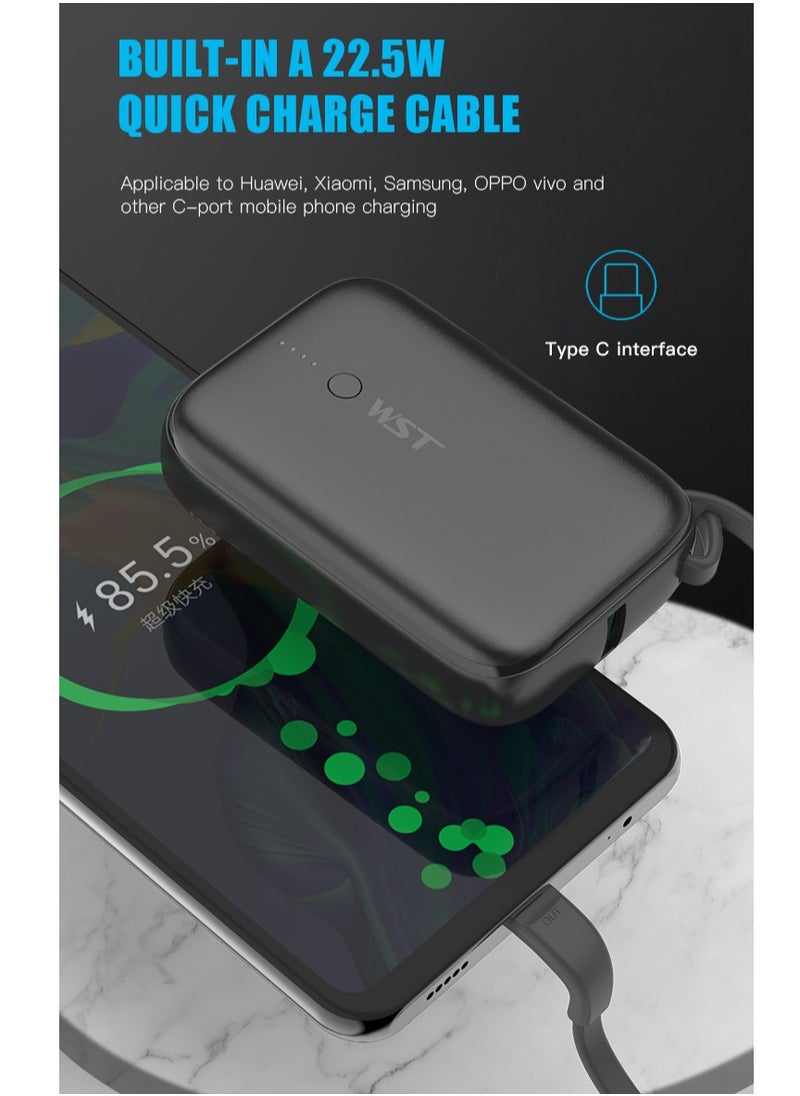 WST - WST Power Bank 9600mAh Fast Charging Type-C PD 22.5W Small Mini Portable Power Bank Built in Cable with Two (USB-C & A) Outputs also - Black - Image 1