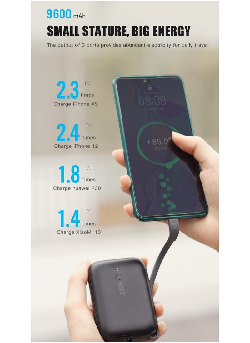 WST - WST Power Bank 9600mAh Fast Charging Type-C PD 22.5W Small Mini Portable Power Bank Built in Cable with Two (USB-C & A) Outputs also - Black - Image 1