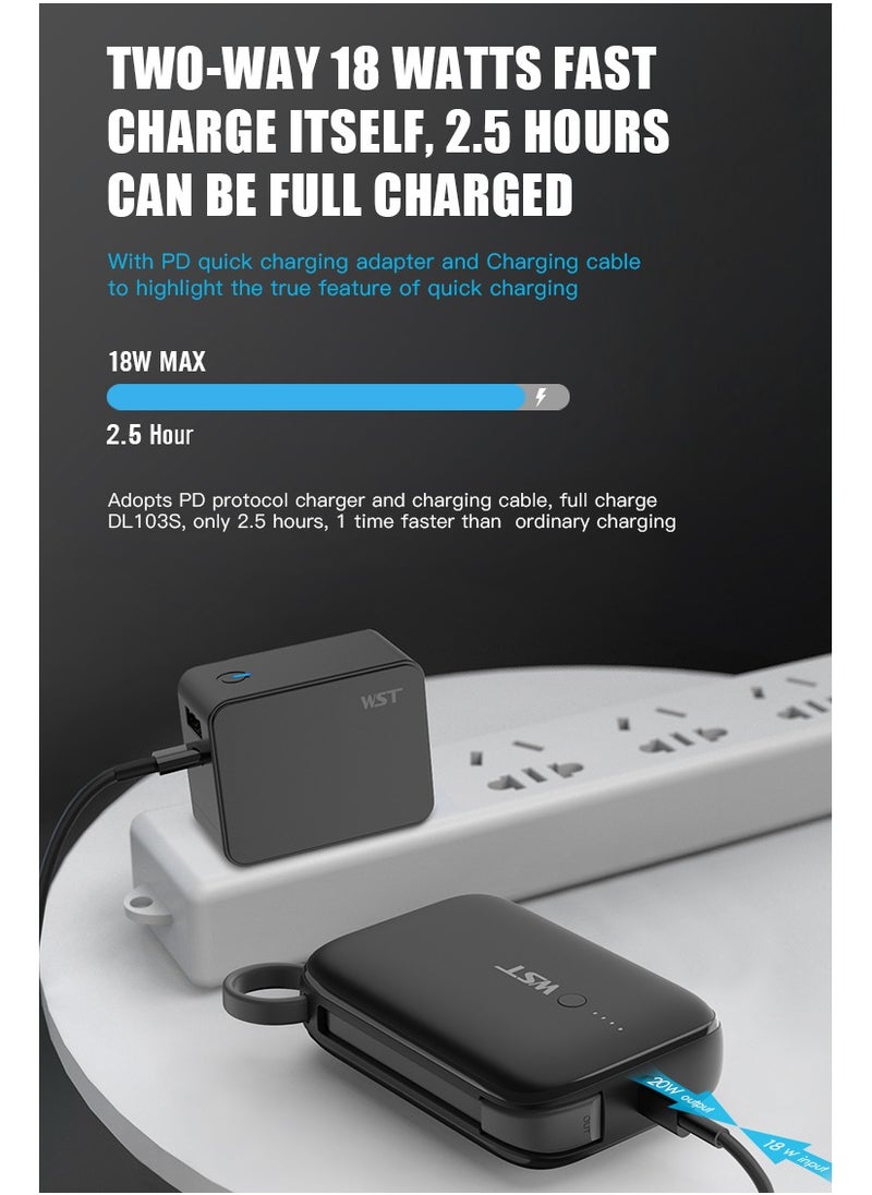 WST - WST Power Bank 9600mAh Fast Charging Type-C PD 22.5W Small Mini Portable Power Bank Built in Cable with Two (USB-C & A) Outputs also - Black - Image 1