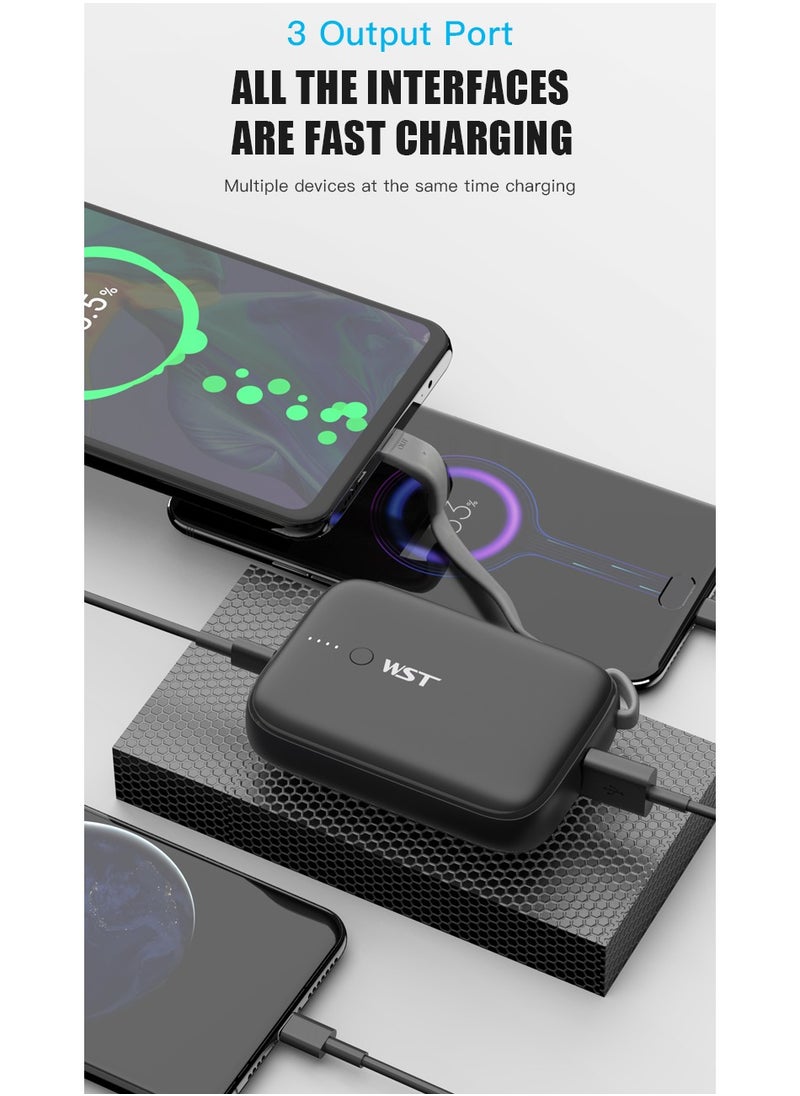 WST - WST Power Bank 9600mAh Fast Charging Type-C PD 22.5W Small Mini Portable Power Bank Built in Cable with Two (USB-C & A) Outputs also - Black - Image 1