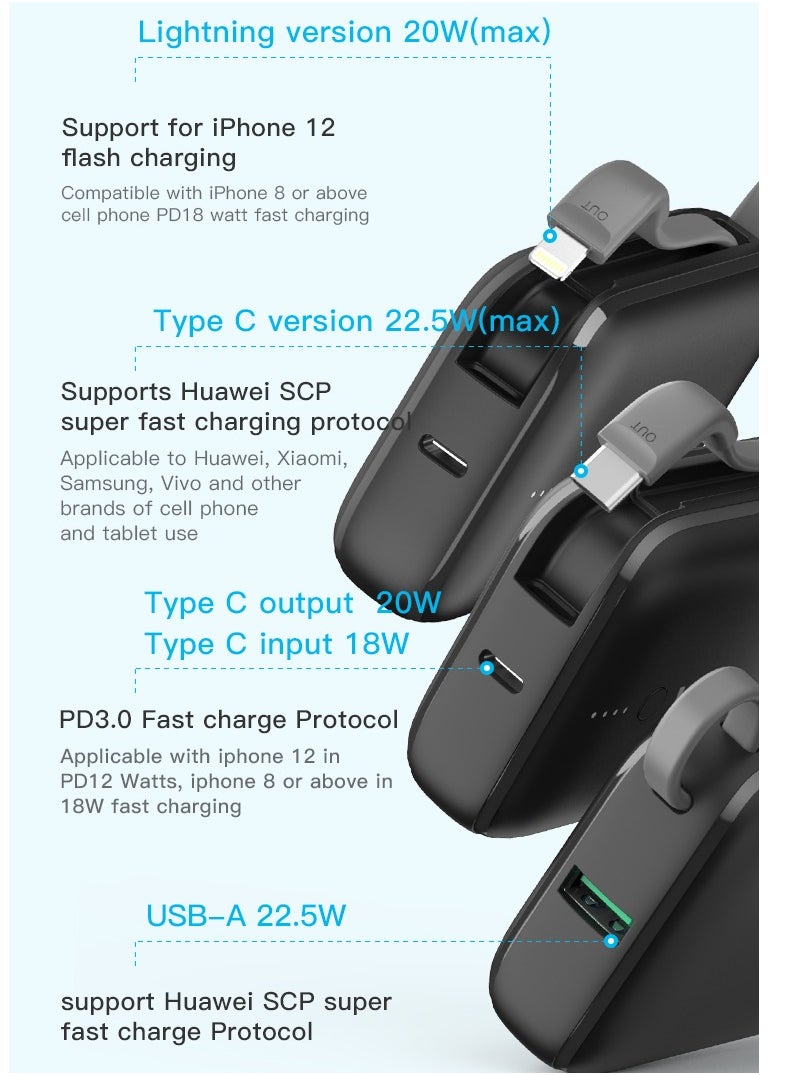WST - WST Power Bank 9600mAh Fast Charging Type-C PD 22.5W Small Mini Portable Power Bank Built in Cable with Two (USB-C & A) Outputs also - Black - Image 1