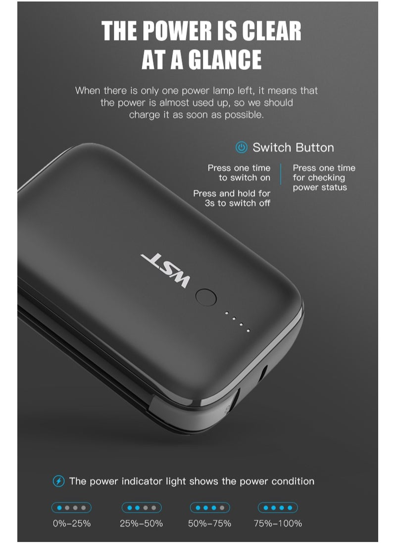 WST - WST Power Bank 9600mAh Fast Charging Type-C PD 22.5W Small Mini Portable Power Bank Built in Cable with Two (USB-C & A) Outputs also - Black - Image 1