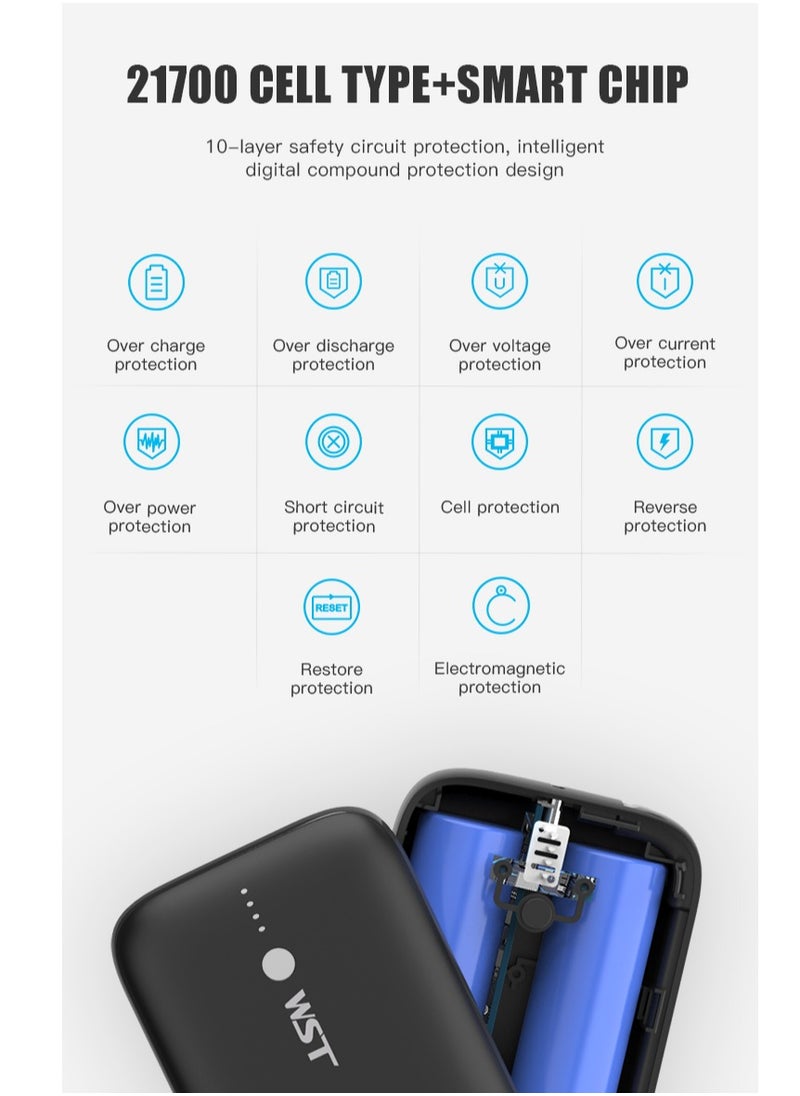 WST - WST Power Bank 9600mAh Fast Charging Type-C PD 22.5W Small Mini Portable Power Bank Built in Cable with Two (USB-C & A) Outputs also - Black - Image 1