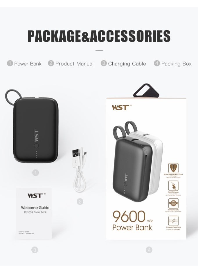 WST - WST Power Bank 9600mAh Fast Charging Type-C PD 22.5W Small Mini Portable Power Bank Built in Cable with Two (USB-C & A) Outputs also - Black - Image 1
