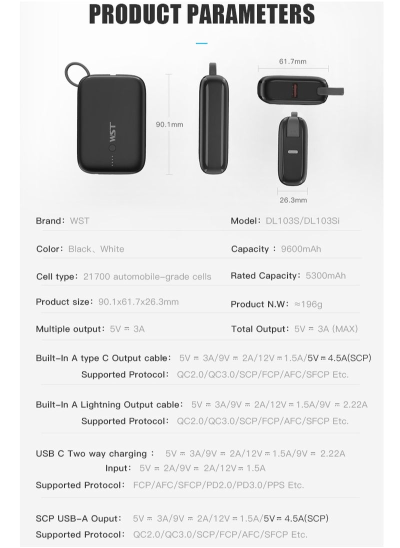 WST - WST Power Bank 9600mAh Fast Charging Type-C PD 22.5W Small Mini Portable Power Bank Built in Cable with Two (USB-C & A) Outputs also - Black - Image 1