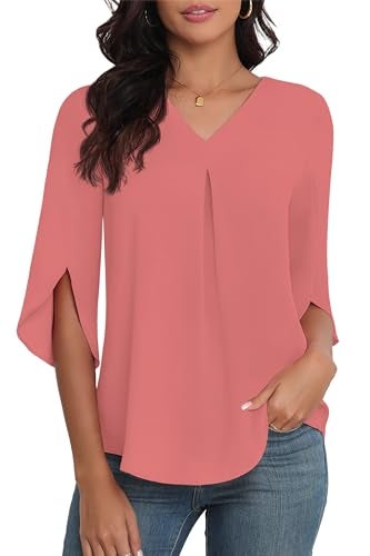 LAOLASI Womens Tops Casual Chiffon Blouses Summer Fashion Tee 2025 Soft Comfy Loose Fit Blouse Top for Leggings,Pink Red,L - Image 1