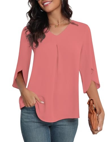 LAOLASI Womens Tops Casual Chiffon Blouses Summer Fashion Tee 2025 Soft Comfy Loose Fit Blouse Top for Leggings,Pink Red,L - Image 3