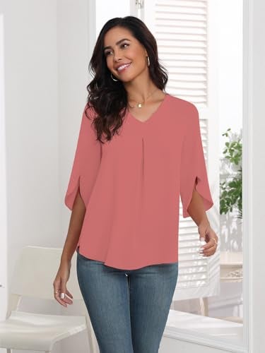 LAOLASI Womens Tops Casual Chiffon Blouses Summer Fashion Tee 2025 Soft Comfy Loose Fit Blouse Top for Leggings,Pink Red,L - Image 5
