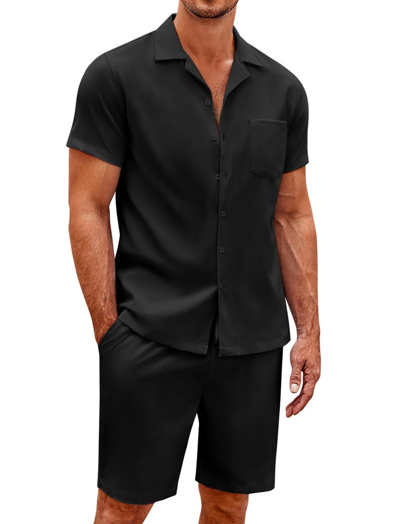 COOFANDY Men 2 Piece Short Set Casual Short Sleeve Shirt and Short Beach Set Black Large - Image 1