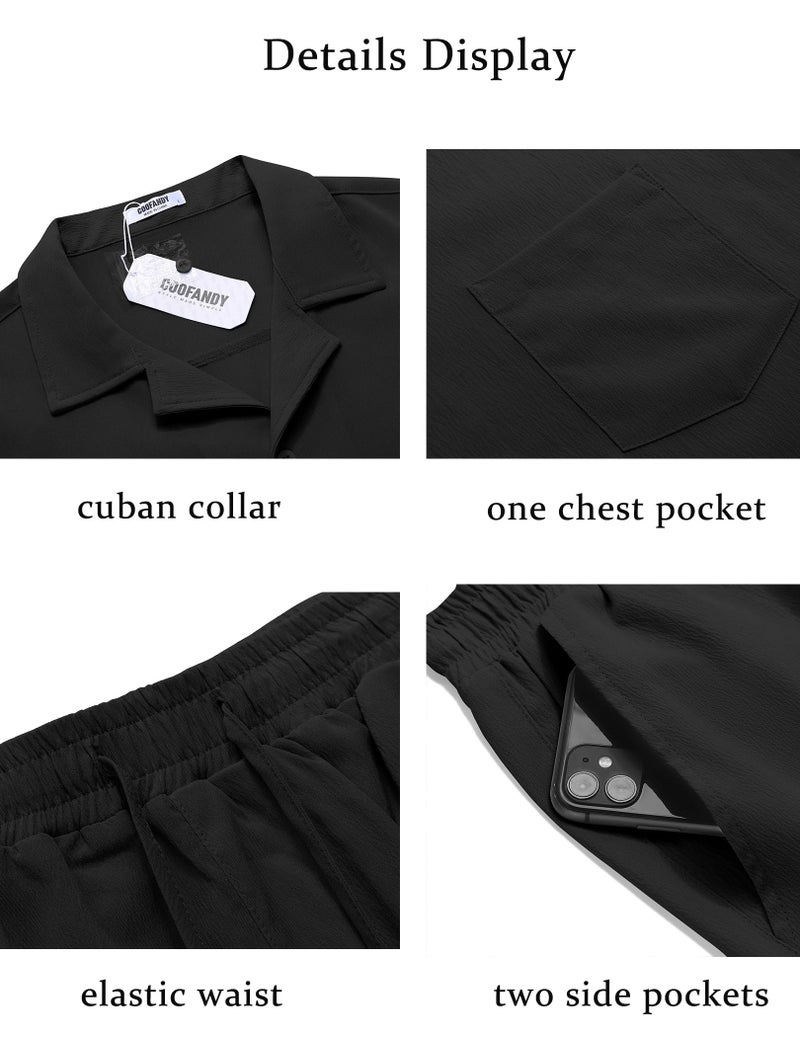 COOFANDY Men 2 Piece Short Set Casual Short Sleeve Shirt and Short Beach Set Black Large - Image 5