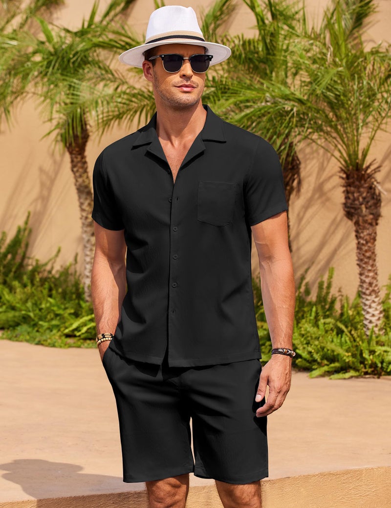 COOFANDY Men 2 Piece Short Set Casual Short Sleeve Shirt and Short Beach Set Black Large - Image 3